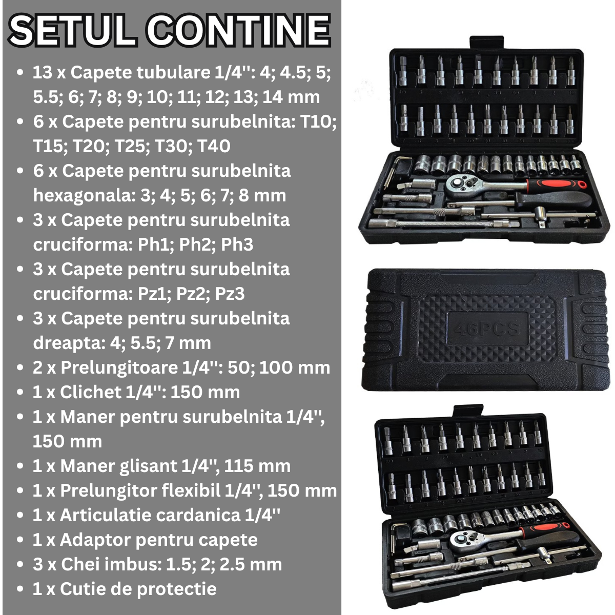 Trusă Scule Auto Zippio 46 Piese – Chei Tubulare + Prelungitor + Adaptoare