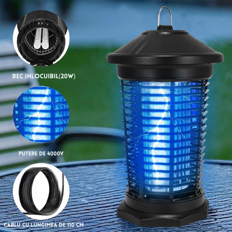 Lampa UV Anti Insecte, Anti Tantari, Muste, Silentioasa, cu radiatie 360° pentru interior sau exterior, 20 W 4000V
