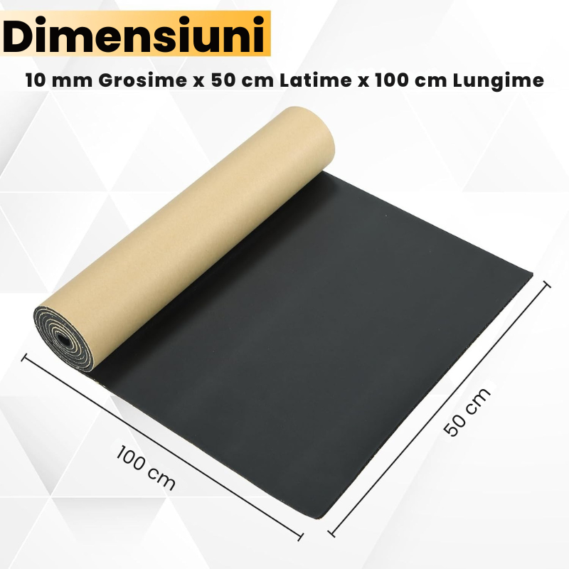 Material Insonorizant Auto, Izolare Fonica Auto, 3 Straturi, Universal, Fabricat din Neopren si Spuma de Cauciuc, 100 cm Lungime x 50 cm Latime x 10 mm Grosime, Adeziv Premium
