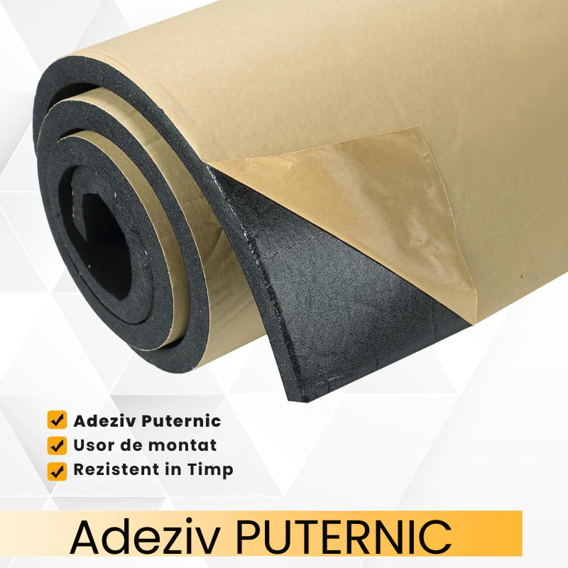 Material Insonorizant Auto, Izolare Fonica Auto, 3 Straturi, Universal, Fabricat din Neopren si Spuma de Cauciuc, 100 cm Lungime x 50 cm Latime x 10 mm Grosime, Adeziv Premium