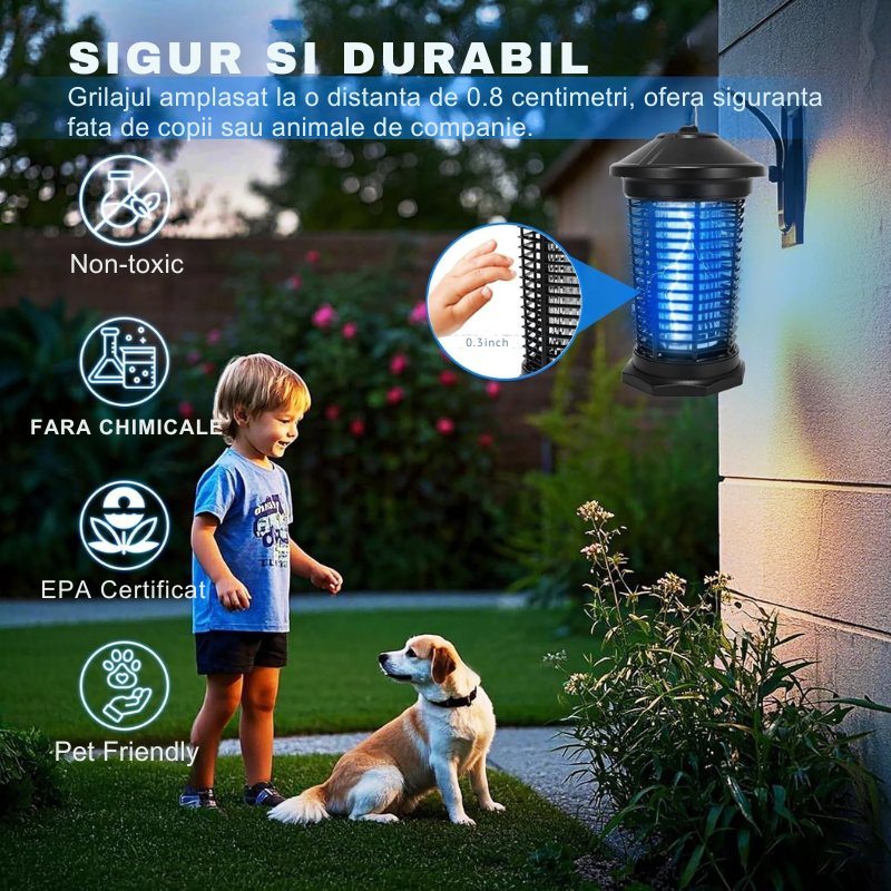 Lampa UV Anti Insecte, Anti Tantari, Muste, Silentioasa, cu radiatie 360° pentru interior sau exterior, 20 W 4000V