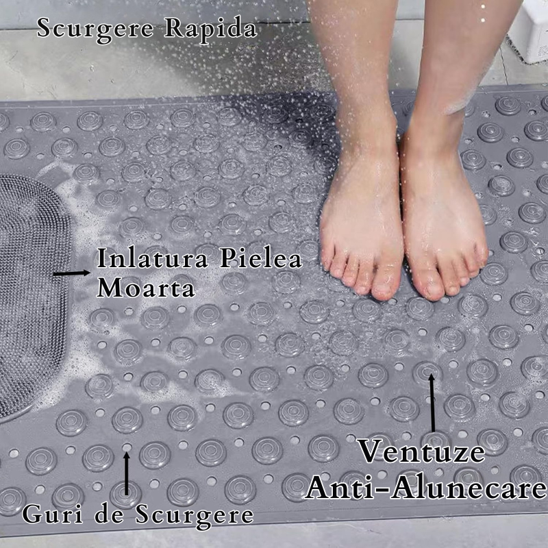 Covor pentru Cada si Dus, 70 x 36 cm, Covor Antiderapant cu Ventuze, Design cu Orificii de Drenaj, Masaj pentru Picioare, Protectie Anti-Alunecare