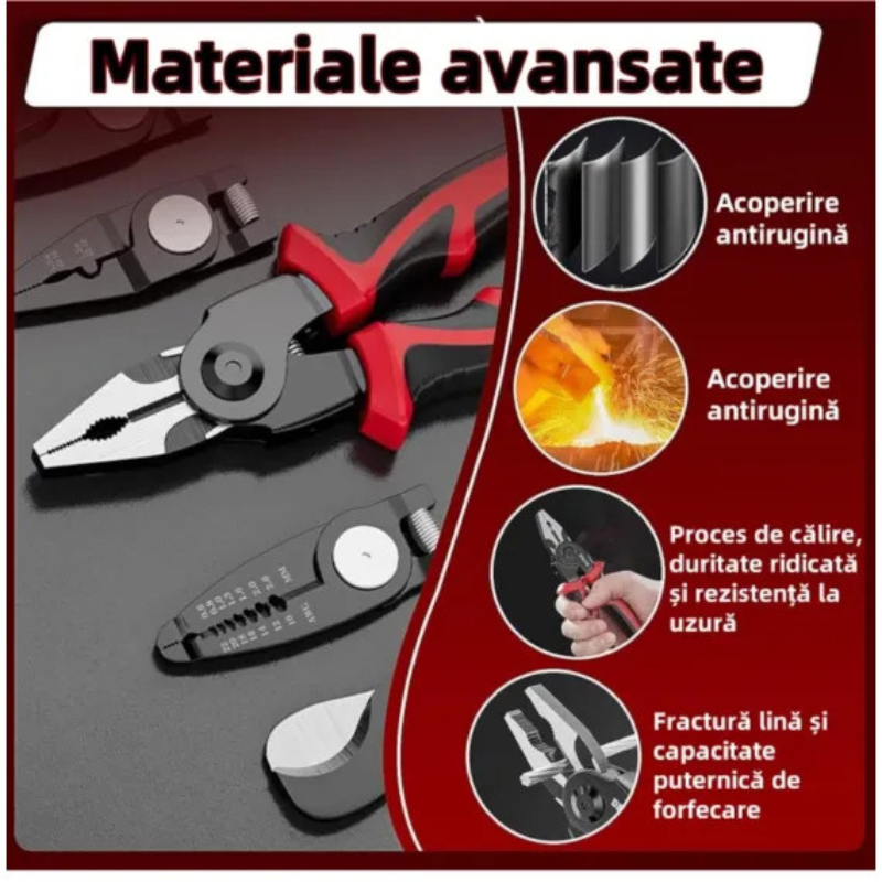 Set Clește Multifuncțional 5 în 1 – Patent, Dezizolator, Sertizor, Tăietor Cabluri, Foarfecă – Maner Ergonomic, Otel Durabil