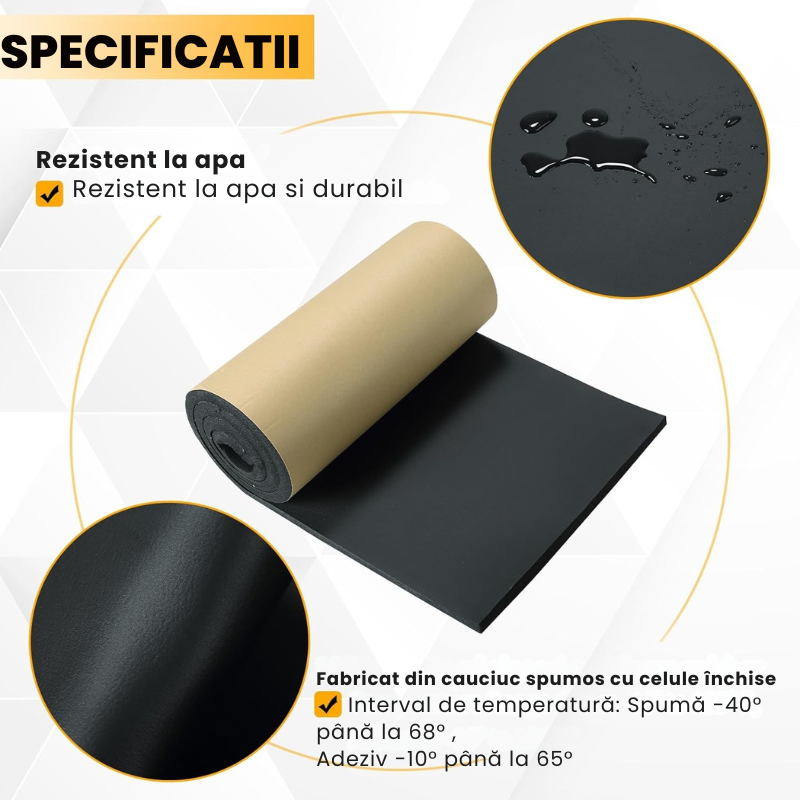 Material Insonorizant Auto, Izolare Fonica Auto, 3 Straturi, Universal, Fabricat din Neopren si Spuma de Cauciuc, 100 cm Lungime x 50 cm Latime x 10 mm Grosime, Adeziv Premium