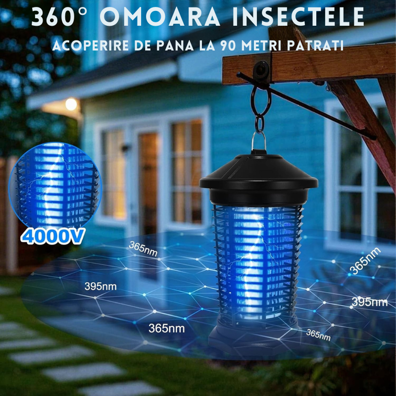 Lampa UV Anti Insecte, Anti Tantari, Muste, Silentioasa, cu radiatie 360° pentru interior sau exterior, 20 W 4000V