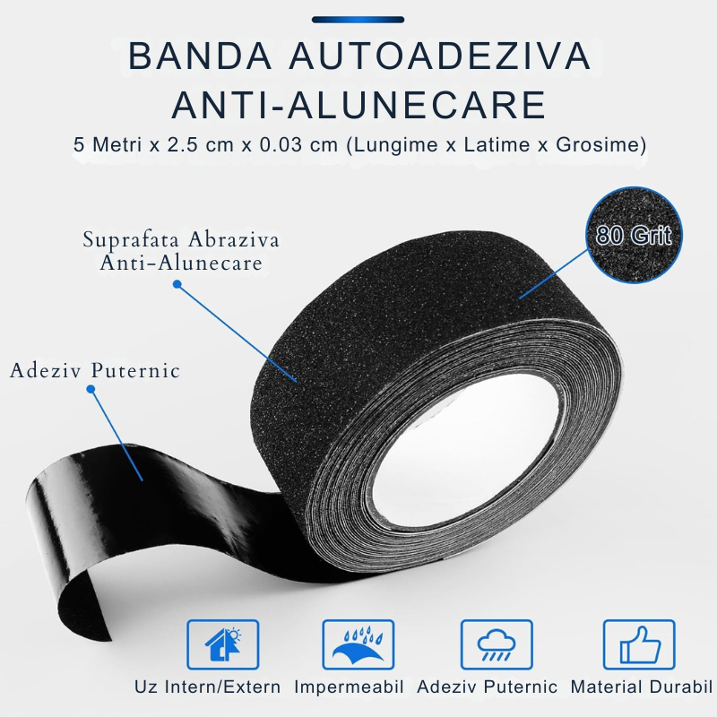 Banda Adeziva Anti-Alunecare pentru Scari, 2.5cm x 5 m, Rezistenta la Apa, Uz Interior/Exterior, Adeziv Puternic
