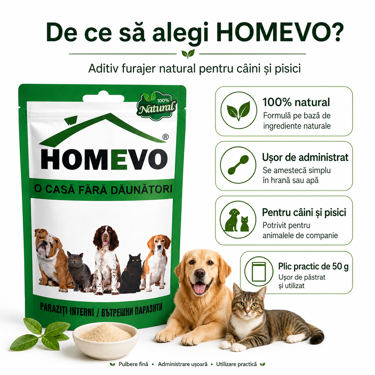 Pulbere Naturală pentru Susținerea Digestiei la Câini și Pisici, 50 g