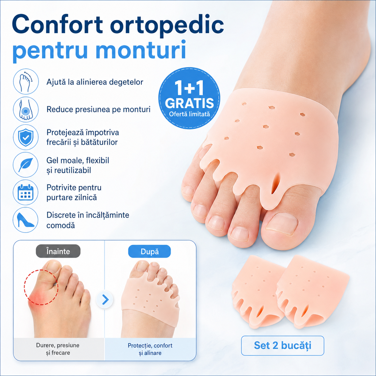 Set Separator Degete Picioare pentru Monturi, Bătături, Hallux Valgus – Pernuțe Ortopedice (1+1 Gratis)
