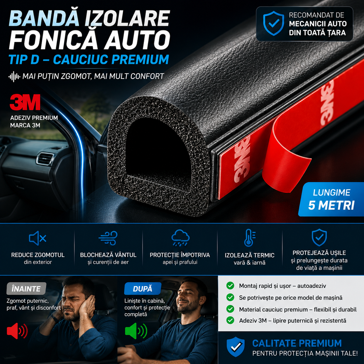 Banda Izolare Fonica Auto, Chedar Auto, Tip D, Lungime 5 Metri, Universal, Cauciuc Premium, Adeziv Premium Marca 3M