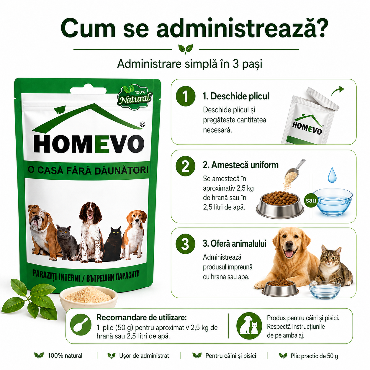 Pulbere Naturală pentru Susținerea Digestiei la Câini și Pisici, 50 g