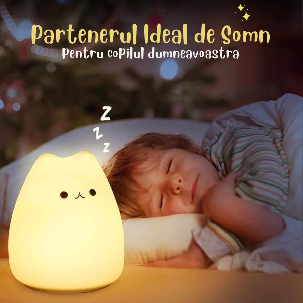 Kitty - Lampă de noapte LED pentru copii, lampă de noptieră din silicon, iluminare în 7 culori, funcție tactilă