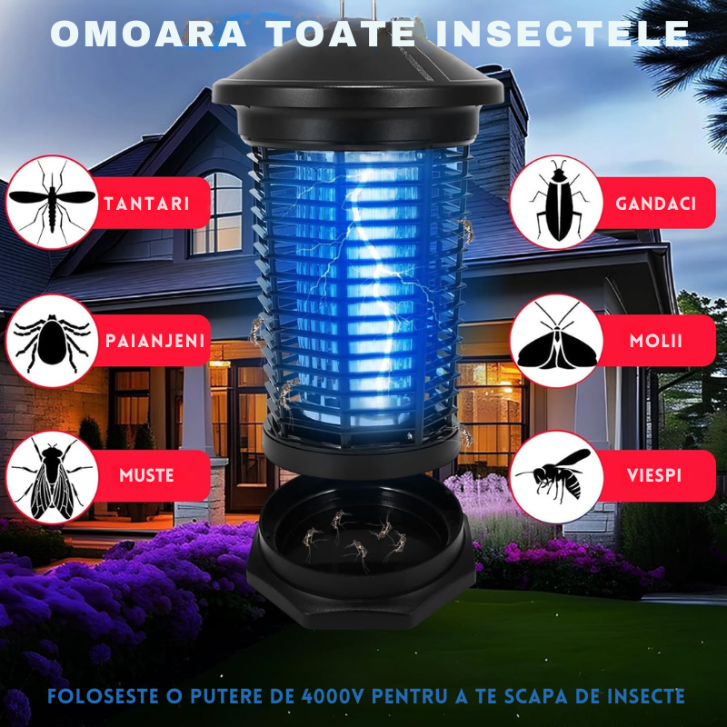 Lampa UV Anti Insecte, Anti Tantari, Muste, Silentioasa, cu radiatie 360° pentru interior sau exterior, 20 W 4000V