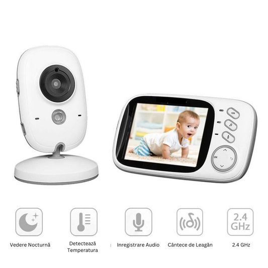 Baby Monitor ZIPPI, Display 3.2", Senzor Temperatura, Monitorizare 360, Mod VOX, 8 Cantece, Control Volum, Vedere Nocturna HD, Alb