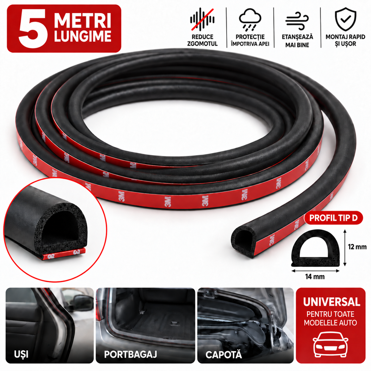 Banda Izolare Fonica Auto, Chedar Auto, Tip D, Lungime 5 Metri, Universal, Cauciuc Premium, Adeziv Premium Marca 3M