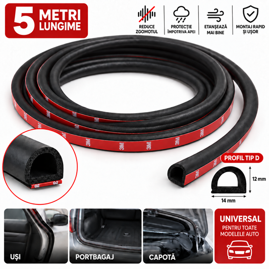 Banda Izolare Fonica Auto, Chedar Auto, Tip D, Lungime 5 Metri, Universal, Cauciuc Premium, Adeziv Premium Marca 3M