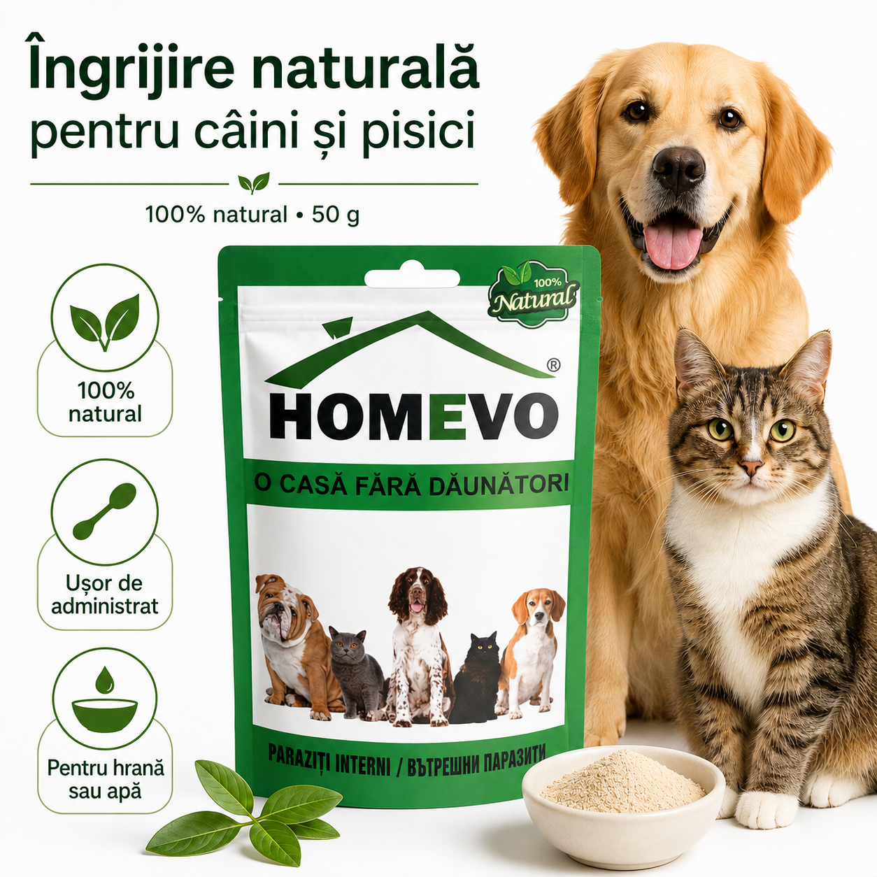 Pulbere Naturală pentru Susținerea Digestiei la Câini și Pisici, 50 g