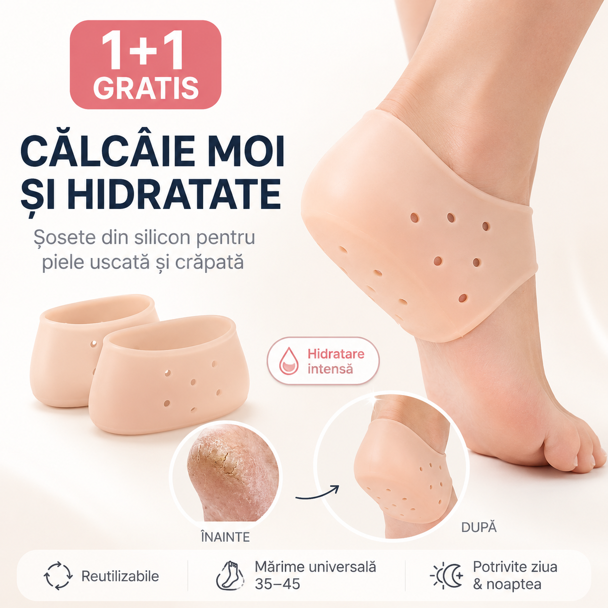 Branturi din Silicon pentru Călcâie Crăpate și Talpă – Hidratare Intensă, Anti-Crăpături, Mărime Universală | 1+1 Gratis