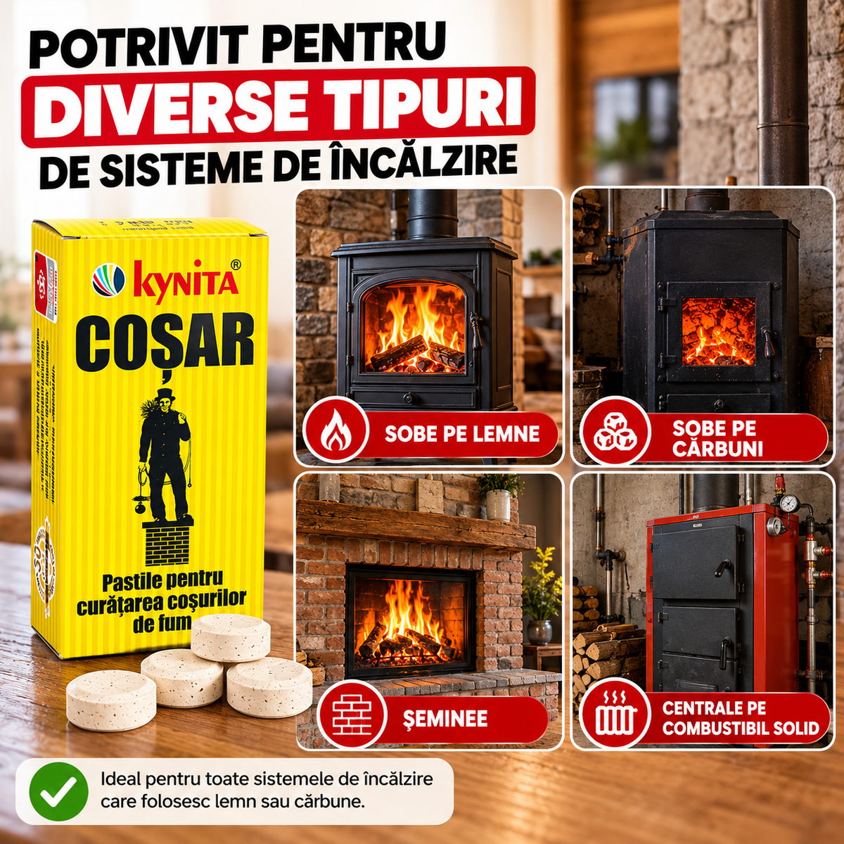 Pastile Curățare Coș de Fum și Horn, Îndepărtare Funingine și Gudron, pentru Sobe pe Lemne și Cărbuni