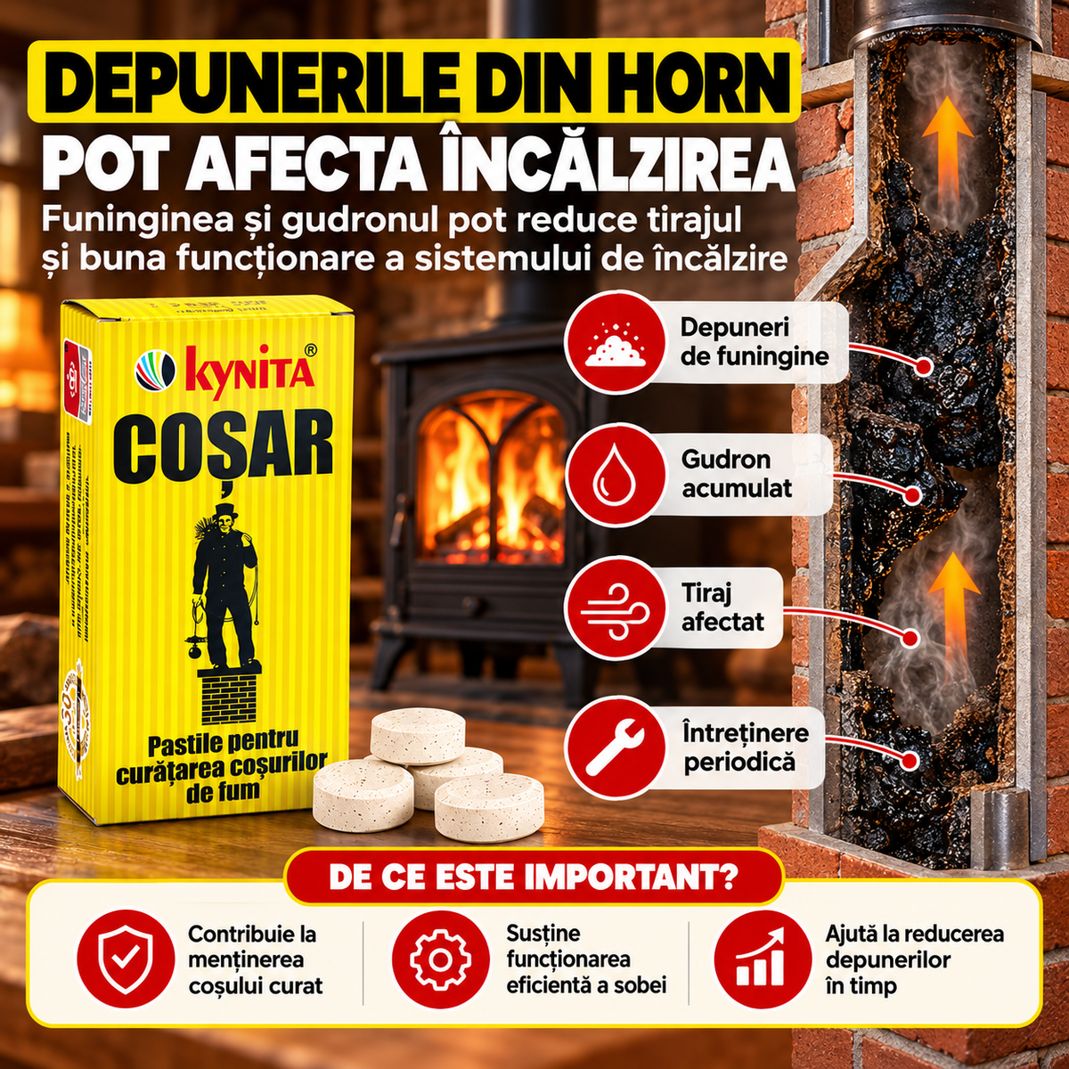Pastile Curățare Coș de Fum și Horn, Îndepărtare Funingine și Gudron, pentru Sobe pe Lemne și Cărbuni