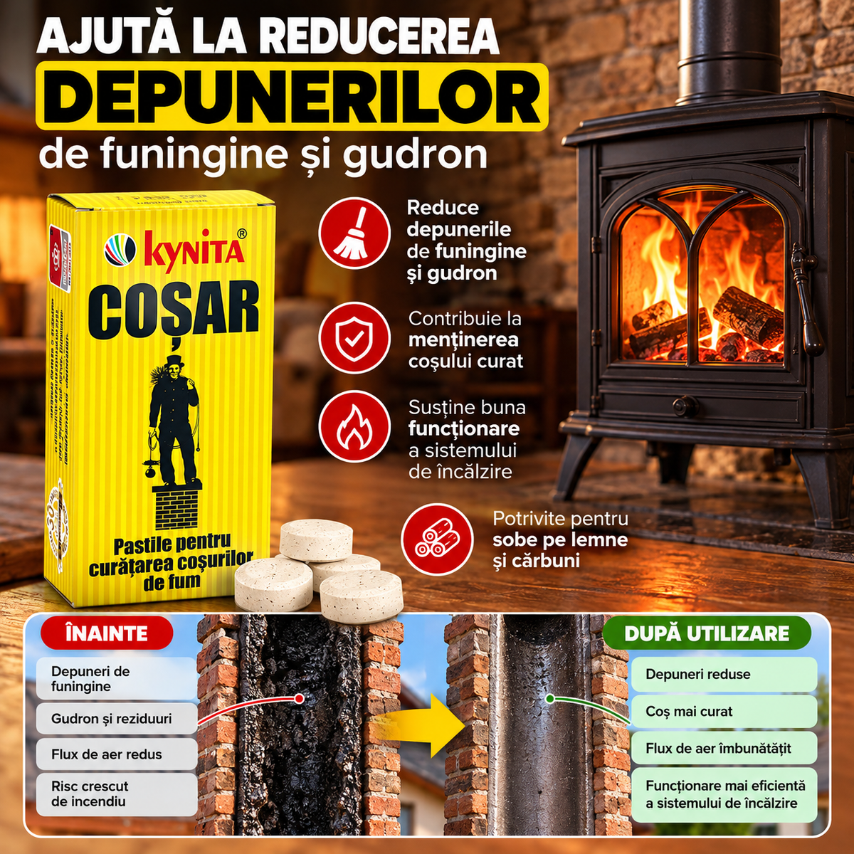 Pastile Curățare Coș de Fum și Horn, Îndepărtare Funingine și Gudron, pentru Sobe pe Lemne și Cărbuni