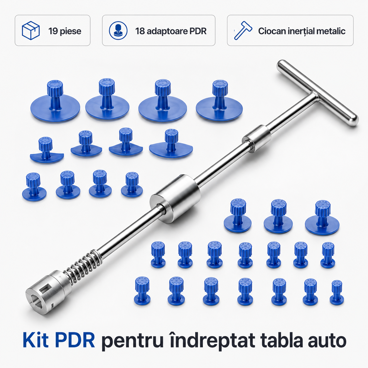 Kit PDR pentru Îndreptat Tabla Auto cu Ciocan Inerțial + 18 Adaptoare – Lovituri, Îndoiri și Grindină