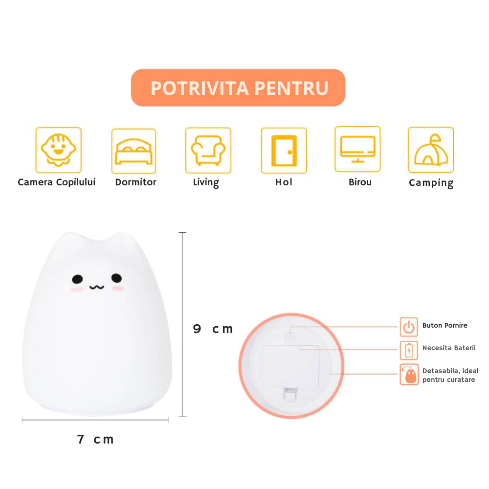 Kitty - Lampă de noapte LED pentru copii, lampă de noptieră din silicon, iluminare în 7 culori, funcție tactilă