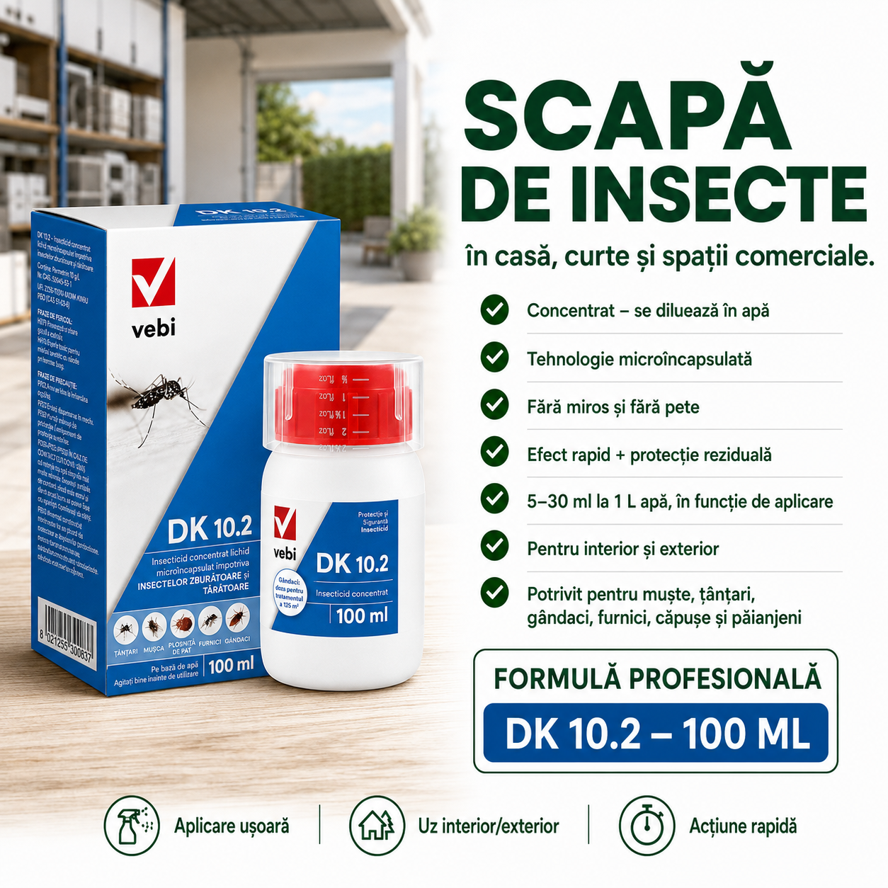Insecticid Draker 10.2 Vebi, 100 ml, Concentrat Microîncapsulat, Muște, Țânțari, Gândaci, Furnici, Căpușe, Păianjeni