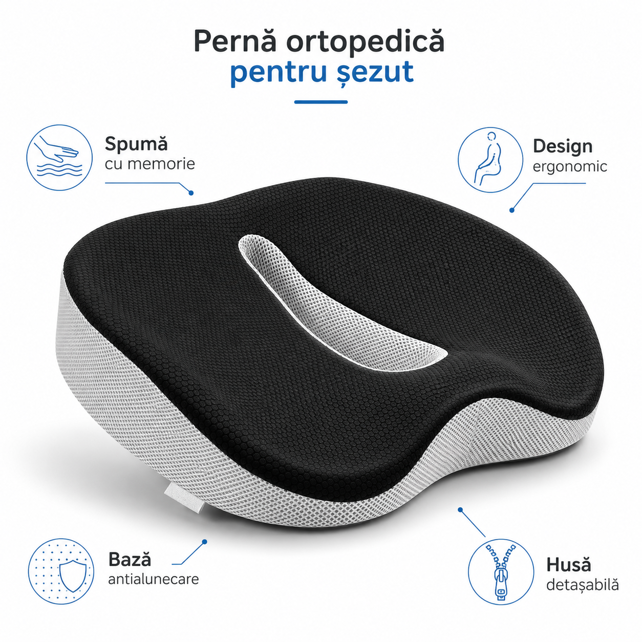 Pernă Ortopedică Șezut din Spumă cu Memorie, Suport Coccis, Scaun Birou/Mașină, Antialunecare, Husă Detașabilă, 46×36×11 cm, Gri/Alb
