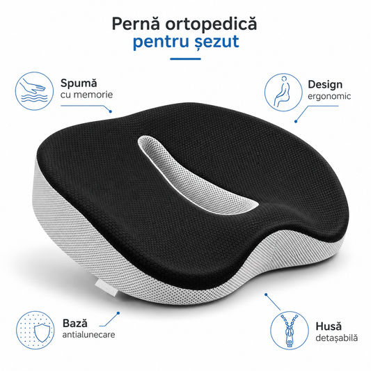 Pernă Ortopedică Șezut din Spumă cu Memorie, Suport Coccis, Scaun Birou/Mașină, Antialunecare, Husă Detașabilă, 46×36×11 cm, Gri/Alb