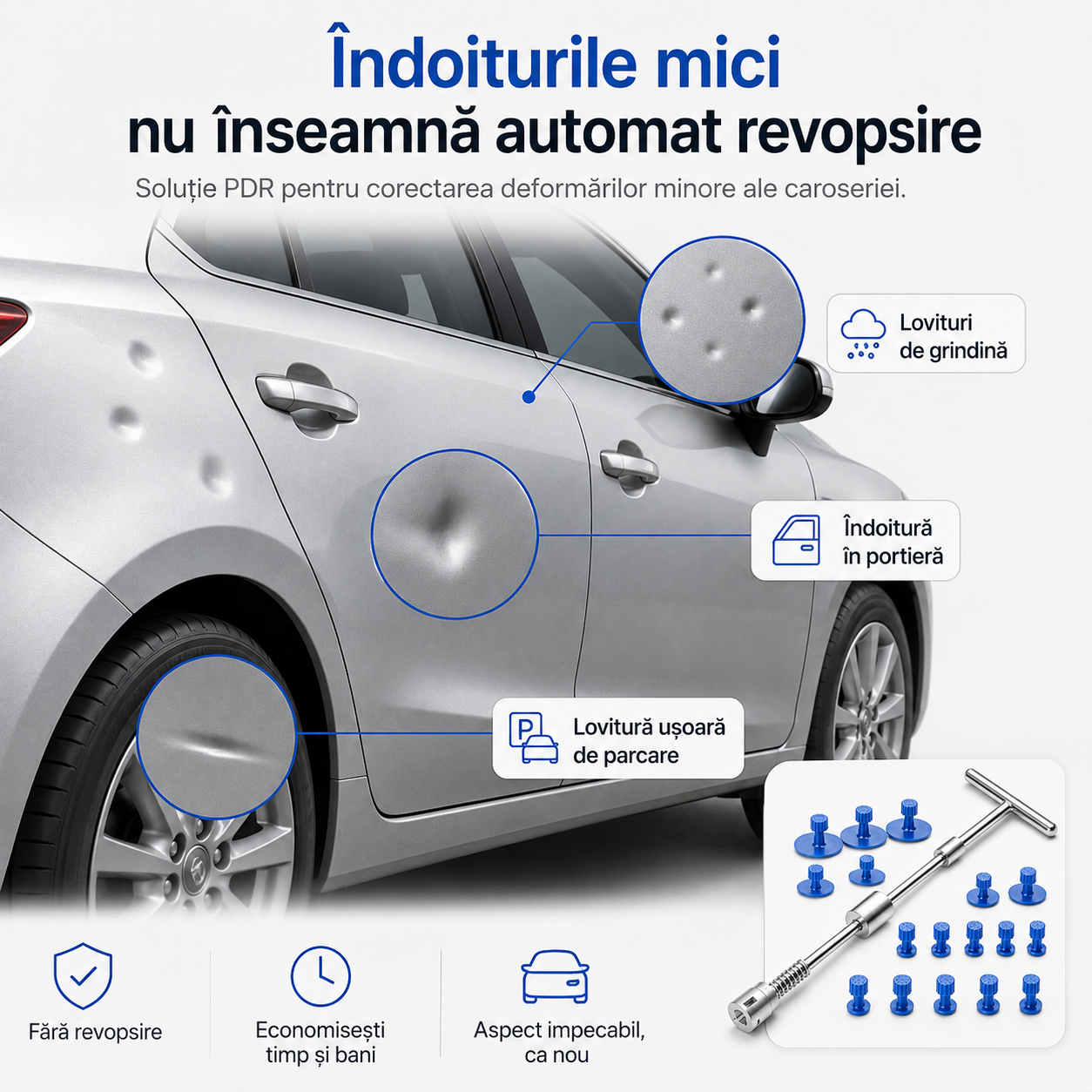 Kit PDR pentru Îndreptat Tabla Auto cu Ciocan Inerțial + 18 Adaptoare – Lovituri, Îndoiri și Grindină