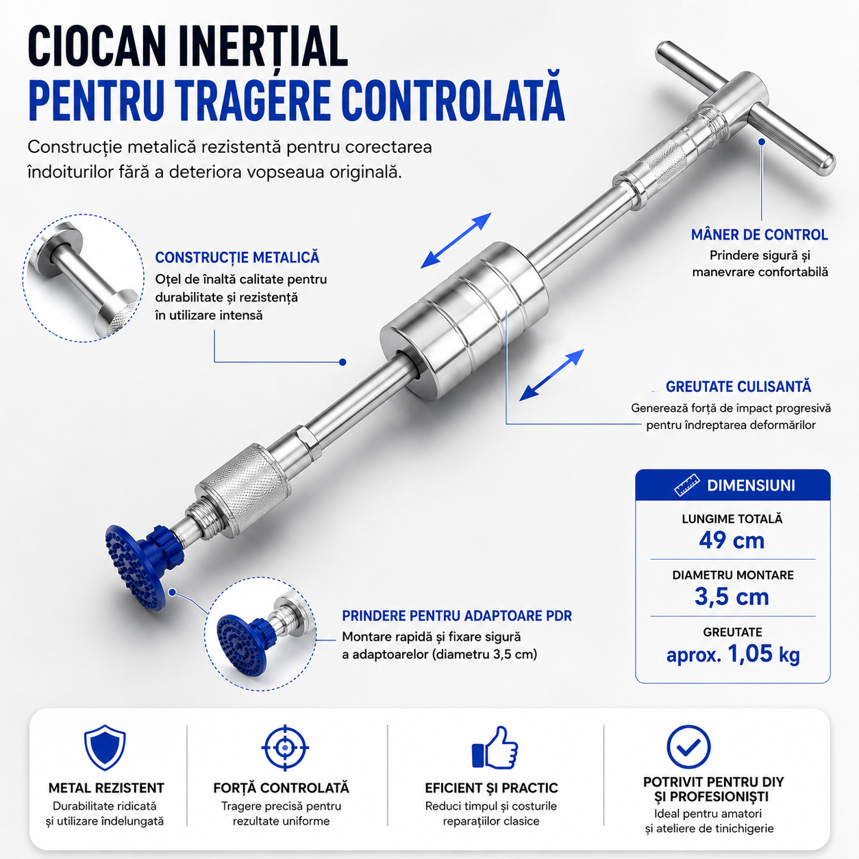 Kit PDR pentru Îndreptat Tabla Auto cu Ciocan Inerțial + 18 Adaptoare – Lovituri, Îndoiri și Grindină