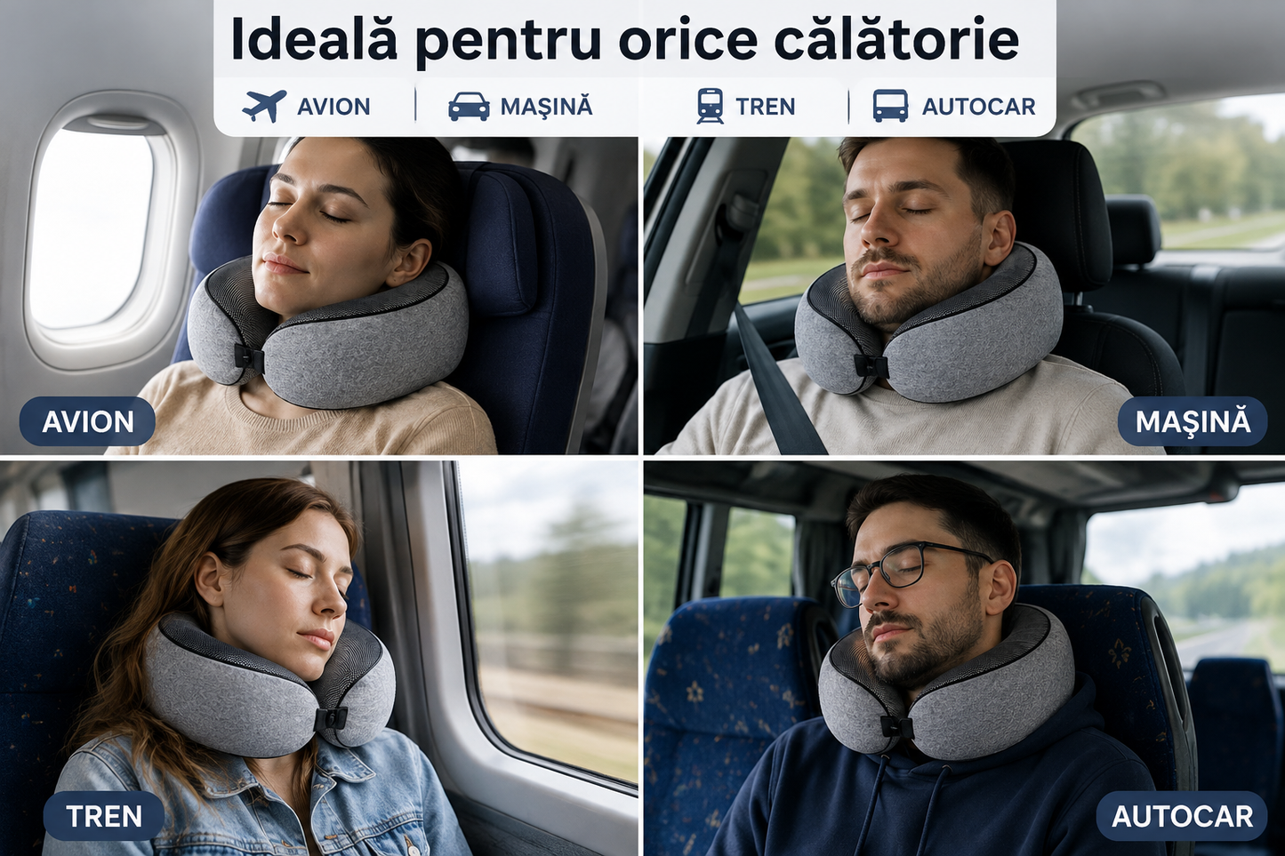 Pernă de Călătorie pentru Gât din Spumă cu Memorie, Ajustabilă, pentru Avion și Mașină, cu Mască de Dormit, Dopuri și Husă