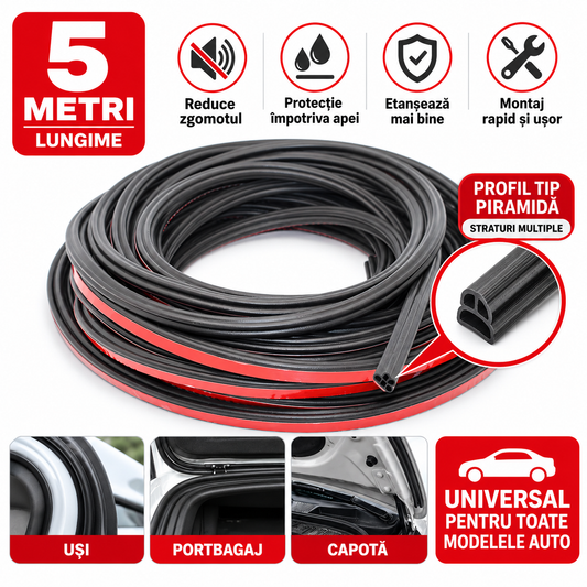 Banda Izolare Fonica Auto, Chedar Auto, Tip Piramida, Straturi Multiple, Lungime 5 Metri, Universal, Cauciuc Premium, Rezistenta la temperaturi inalte si scazute, Impotriva apei si a prafului