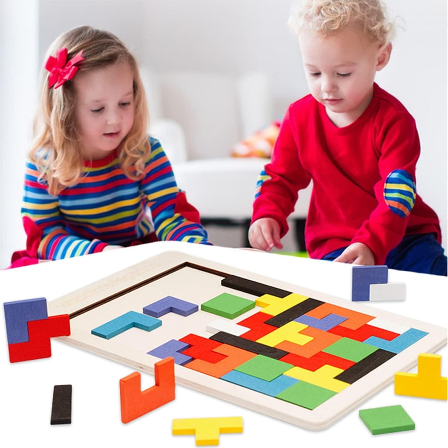 Puzzle Montessori din Lemn Tip Tetris, 40 Piese, Multicolor