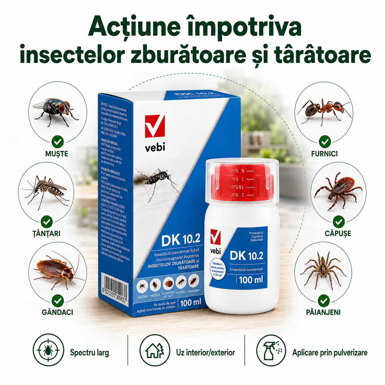 Insecticid Draker 10.2 Vebi, 100 ml, Concentrat Microîncapsulat, Muște, Țânțari, Gândaci, Furnici, Căpușe, Păianjeni