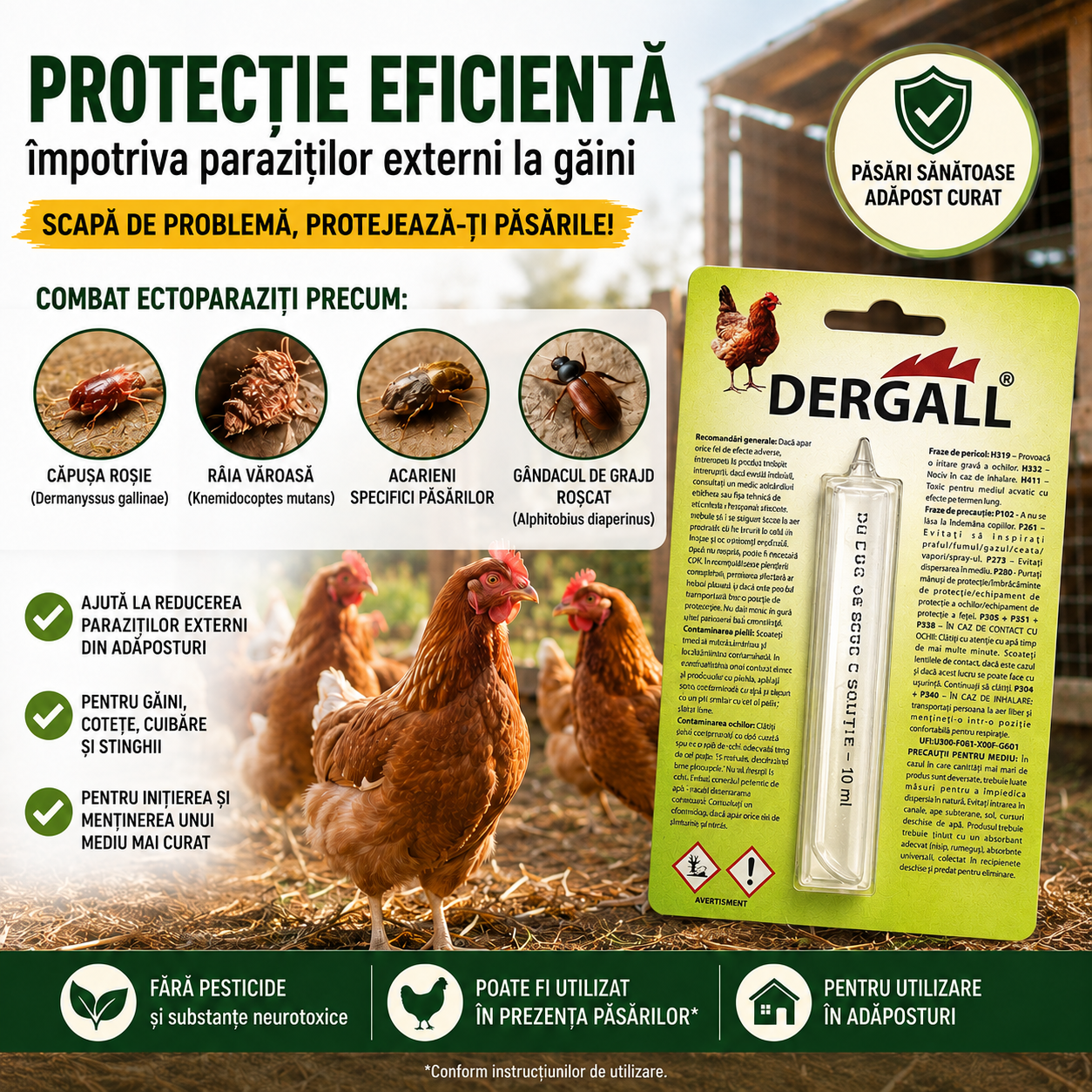 Soluție Naturala Anti Păduchi de Găini 1+1 Gratis – pentru Găini și Adăposturi