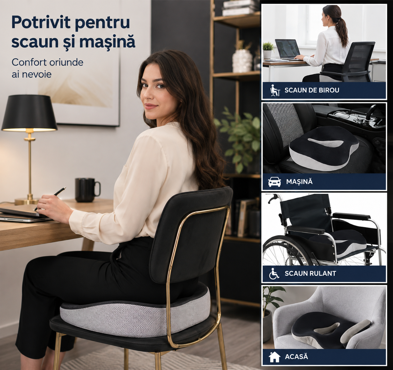 Pernă Ortopedică Șezut din Spumă cu Memorie, Suport Coccis, Scaun Birou/Mașină, Antialunecare, Husă Detașabilă, 46×36×11 cm, Gri/Alb